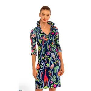 NWT Gretchen Scott Ruffleneck 3/4 Sleeve Dress Women's Large Giraffe Print Blue
